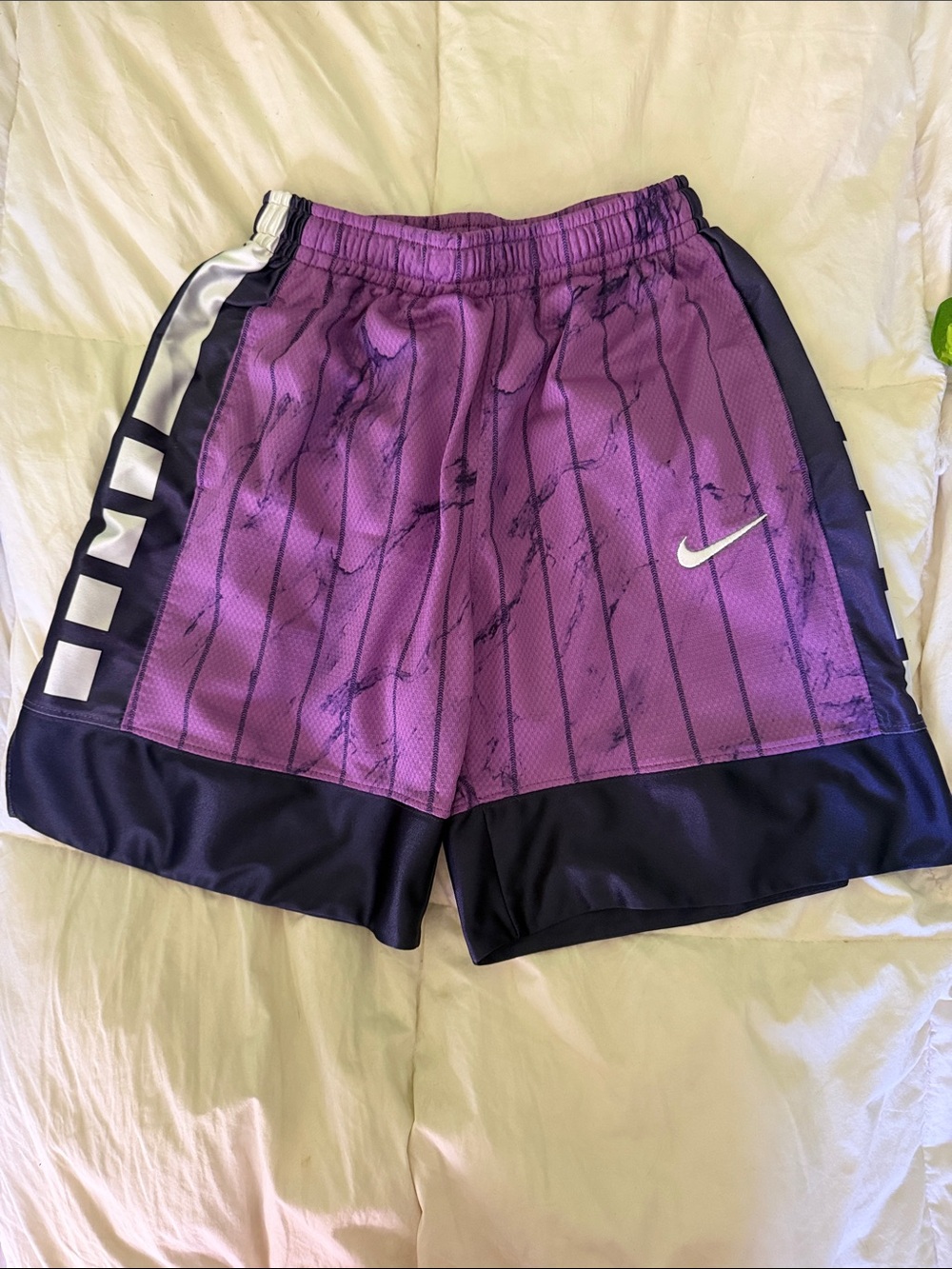 Nike Boy’s Purple Athletic Shorts with Navy Blue Panels and White Swoosh